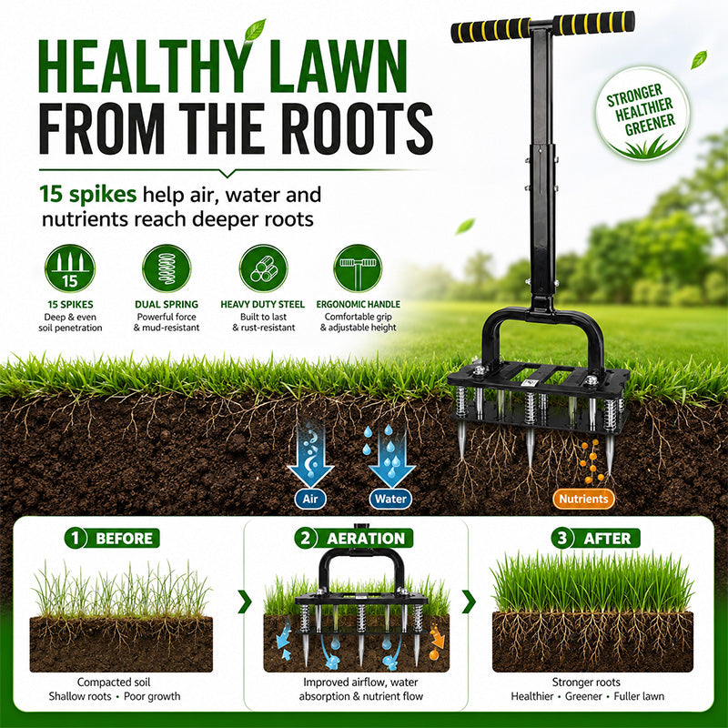 KingTool Heavy Duty Manual Lawn Aerator with 15 Spikes & Auto-Clean Springs