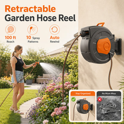 100 FT Retractable Garden Hose Reel with 10-Pattern Nozzle & 180° Swivel