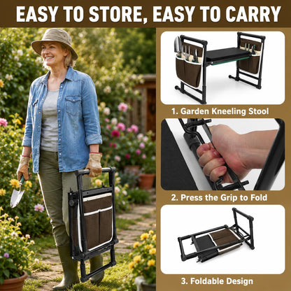 Garden Kneeler and Seat, 2-in-1 Folding Bench with Tool Pouches