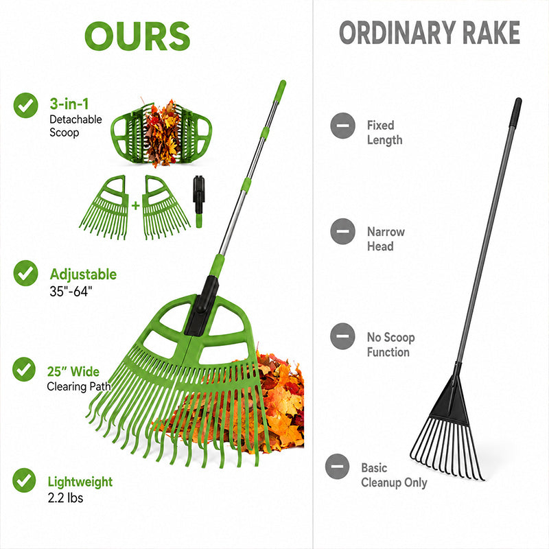 KingTool 3-in-1 Adjustable Leaf Rake with Detachable Scoops for Yard Cleanup
