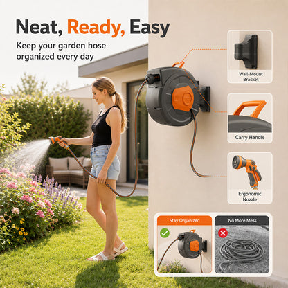 100 FT Retractable Garden Hose Reel with 10-Pattern Nozzle & 180° Swivel