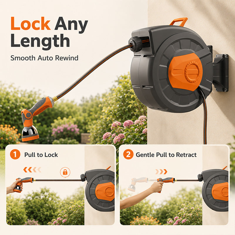 100 FT Retractable Garden Hose Reel with 10-Pattern Nozzle & 180° Swivel