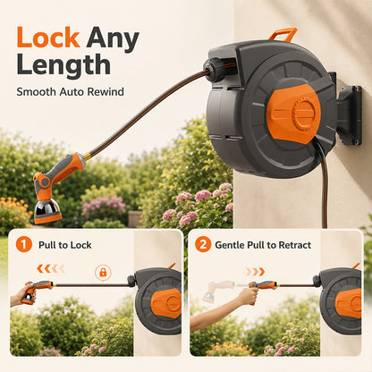 100 FT Retractable Garden Hose Reel with 10-Pattern Nozzle & 180° Swivel