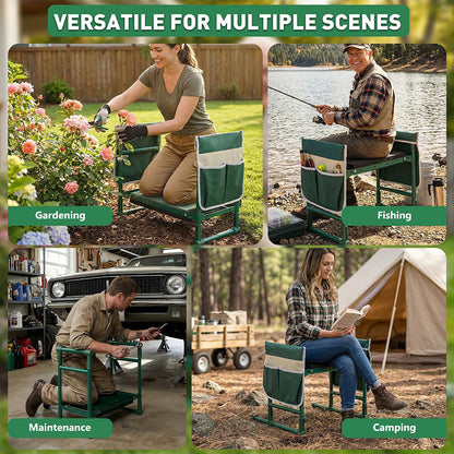 Green Garden Kneeler and Seat, 2-in-1 Folding Garden Bench with Tool Pouches