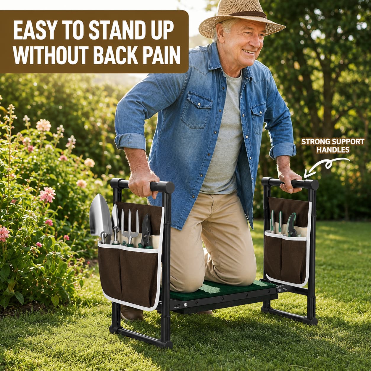 Garden Kneeler and Seat, 2-in-1 Folding Bench with Tool Pouches