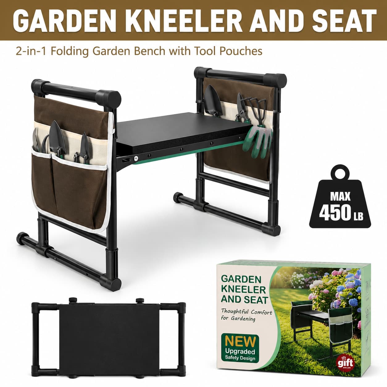 Garden Kneeler and Seat, 2-in-1 Folding Bench with Tool Pouches