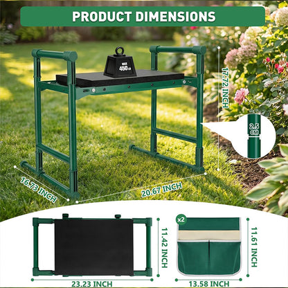 Green Garden Kneeler and Seat, 2-in-1 Folding Garden Bench with Tool Pouches