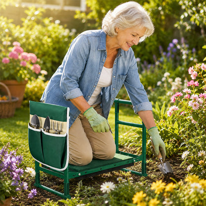 Green Garden Kneeler and Seat, 2-in-1 Folding Garden Bench with Tool Pouches