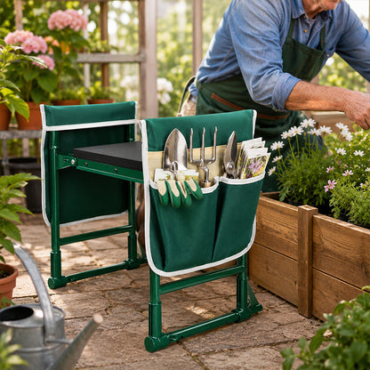 Green Garden Kneeler and Seat, 2-in-1 Folding Garden Bench with Tool Pouches