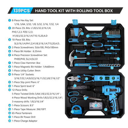 KingTool 139 PCS Home Tool Kit with 8V Drill Storage Case (Blue)