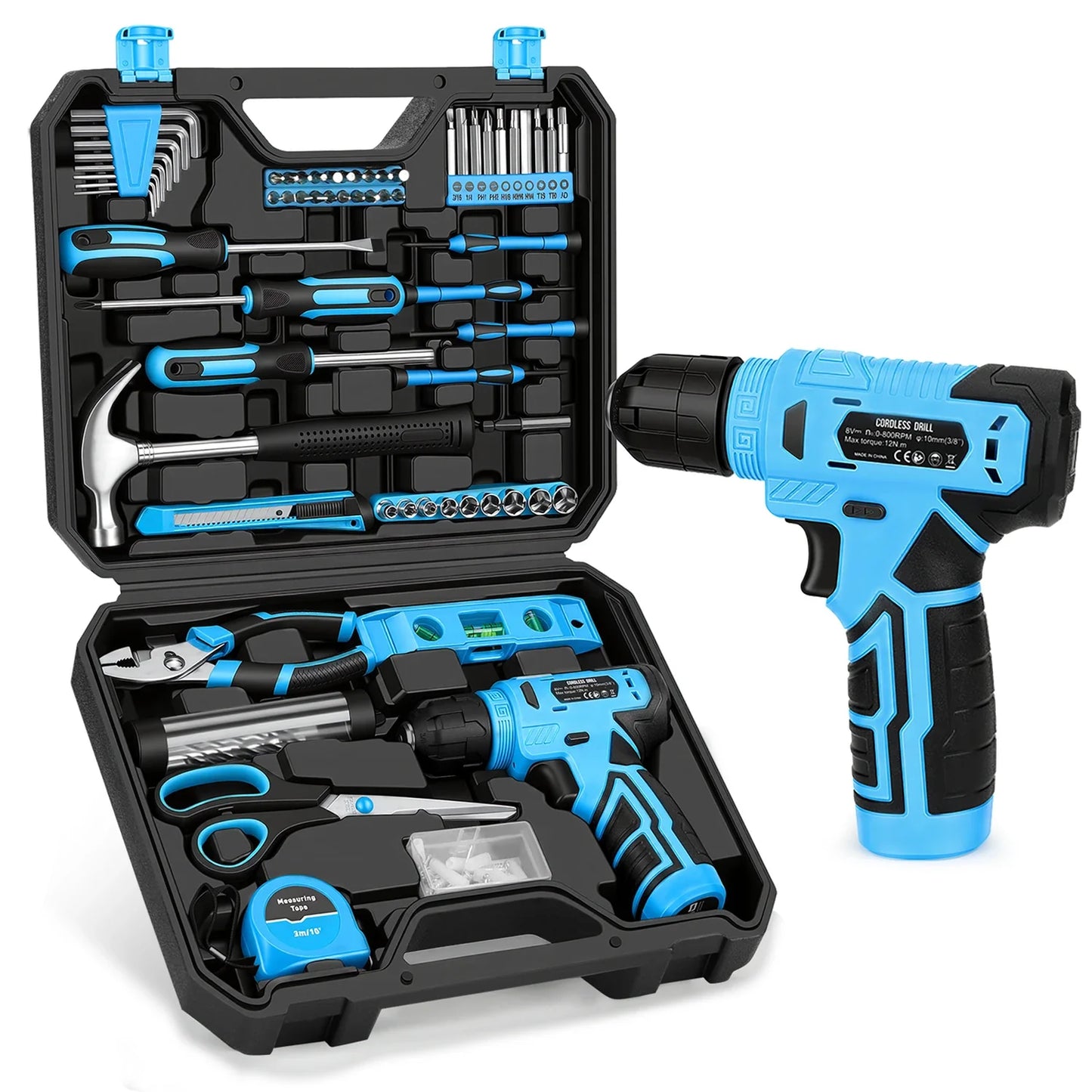 KingTool 139 PCS Home Tool Kit with 8V Drill Storage Case (Blue)