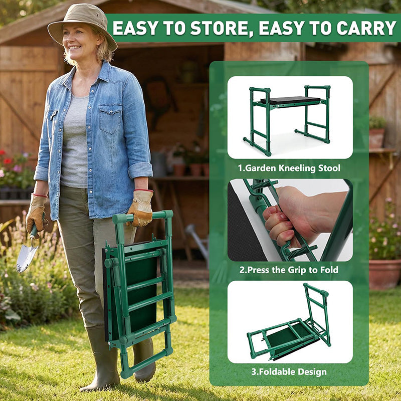 Green Garden Kneeler and Seat, 2-in-1 Folding Garden Bench with Tool Pouches
