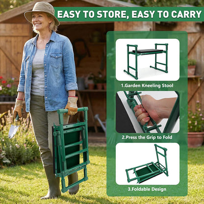 Green Garden Kneeler and Seat, 2-in-1 Folding Garden Bench with Tool Pouches