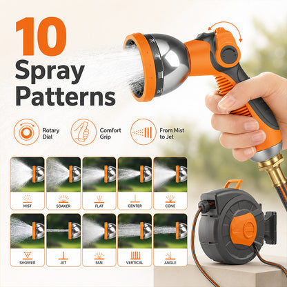 100 FT Retractable Garden Hose Reel with 10-Pattern Nozzle & 180° Swivel