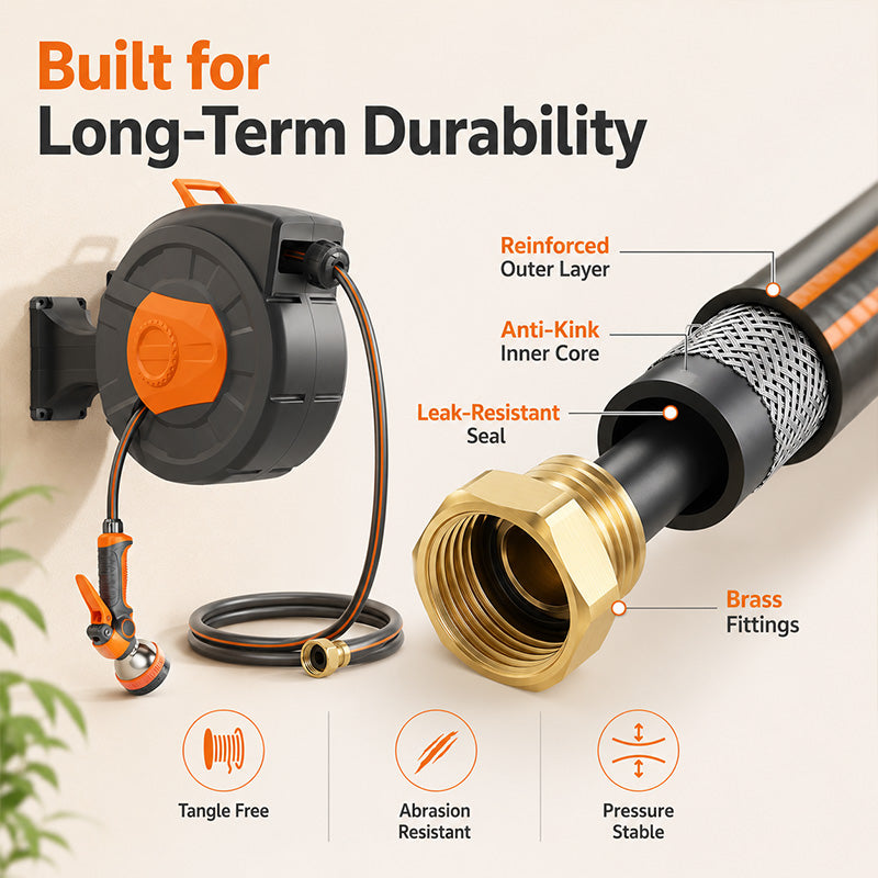 100 FT Retractable Garden Hose Reel with 10-Pattern Nozzle & 180° Swivel